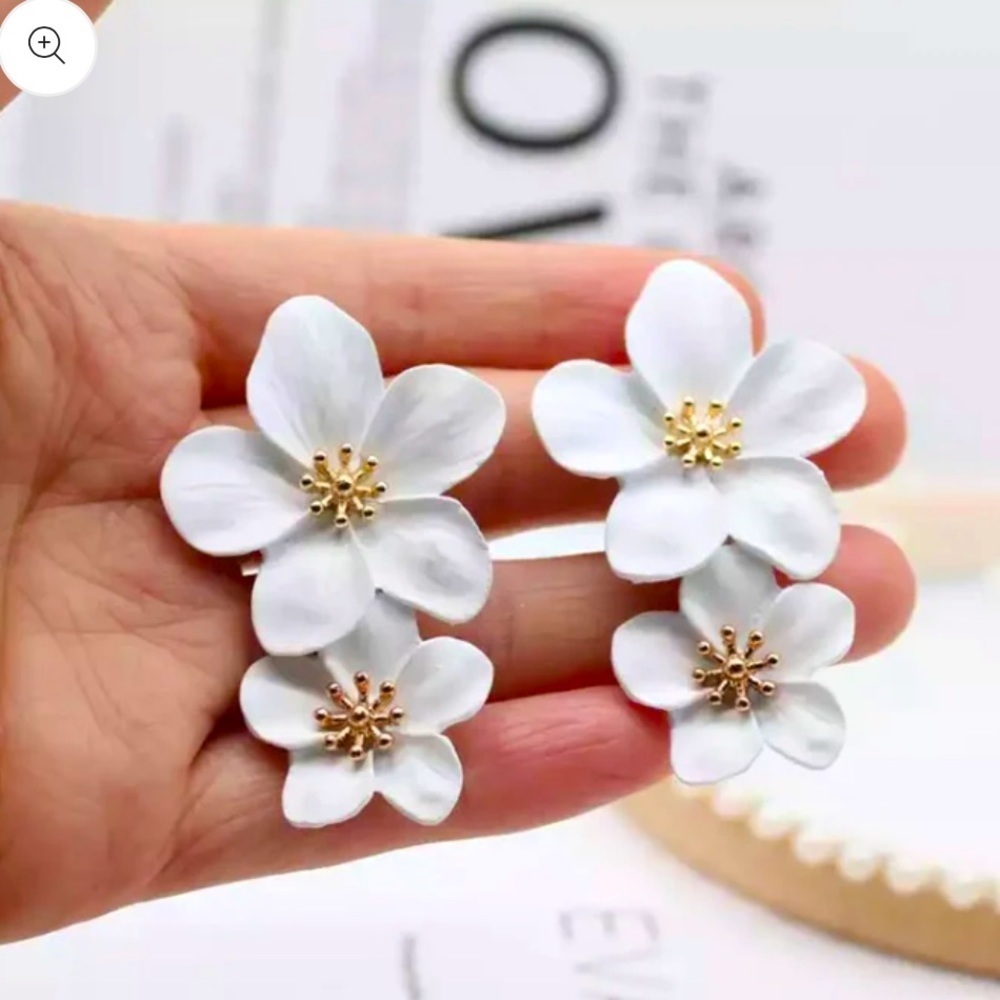 Earrings pierced white flowers jasmine gold wedding boho island vibe